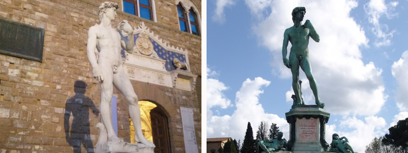 Réplicas del David de Michelangelo en la Piazza della Signoria y la Piazza de Michelangelo, Florencia